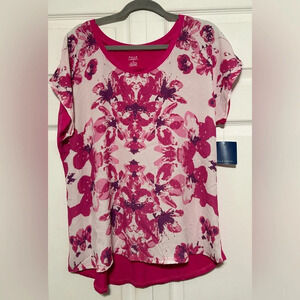 Falls Creek Blouse Pink White Floral Short Sleeve Scoop Neck Size XL